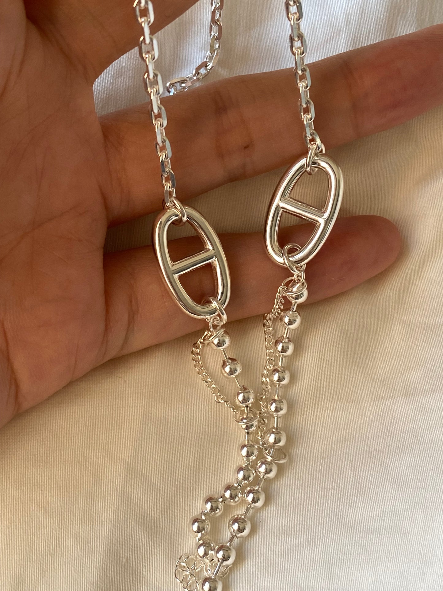 Sterling Silver Beaded Charm Oval Link Bracelet｜925Street