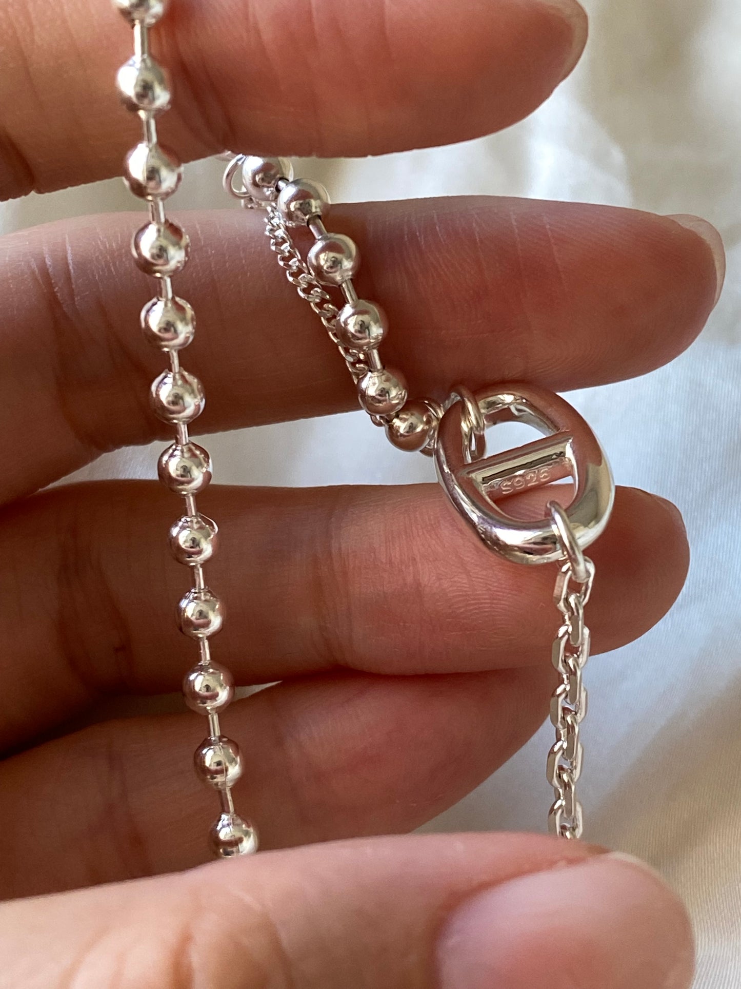 Sterling Silver Beaded Charm Oval Link Bracelet｜925Street